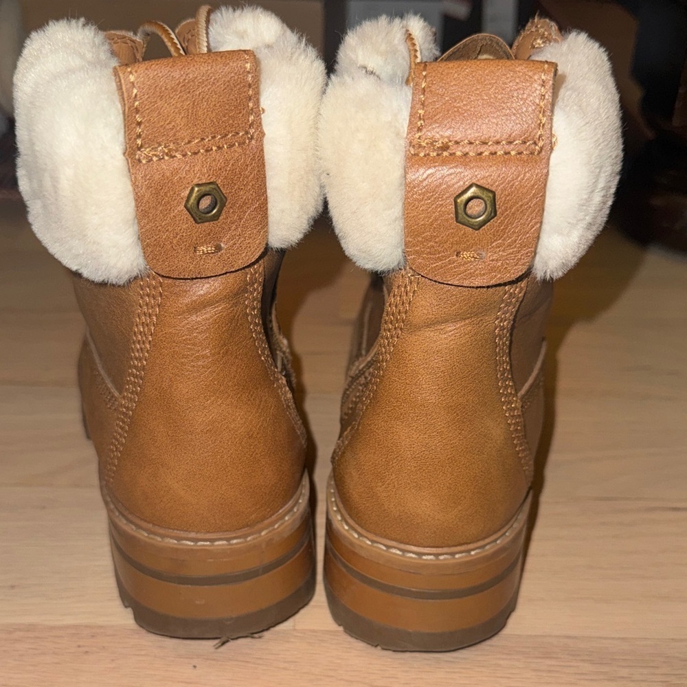 Madden Girl Cognac Lace-Up Faux-Fur Collar Boots - Picture 3 of 9